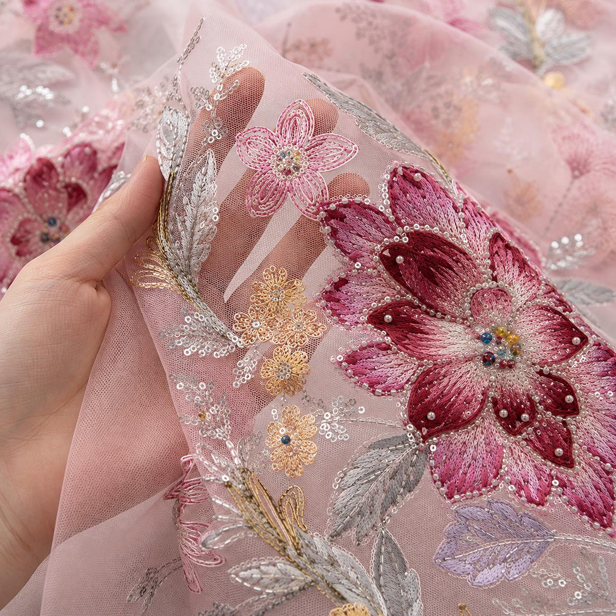 Couture Embroidered Tulle Fabric by the Yard, Dusty Blush Pink Floral Beaded Sequin Mesh, Luxury Lace for Designer Gowns & Dressmaking