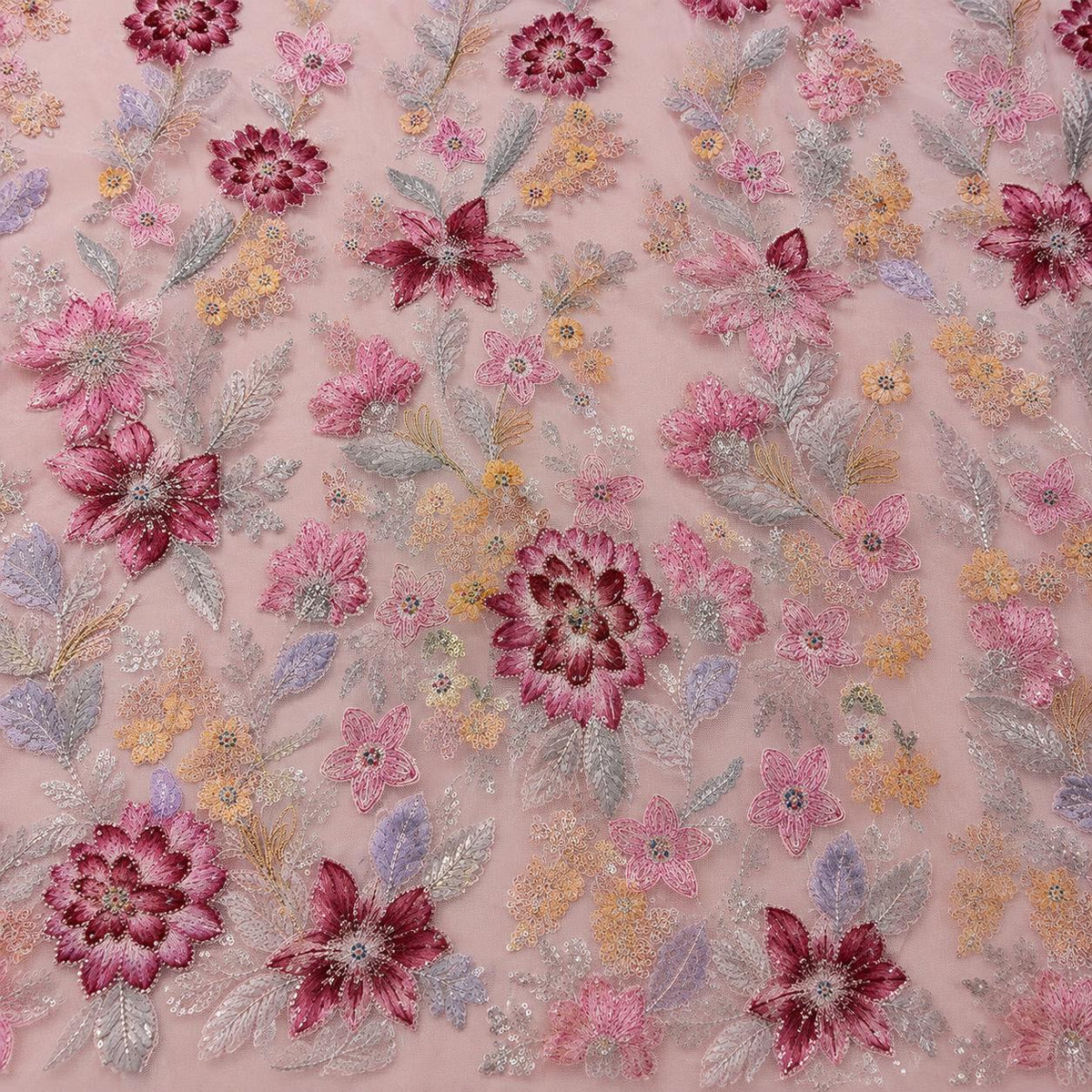 Couture Embroidered Tulle Fabric by the Yard, Dusty Blush Pink Floral Beaded Sequin Mesh, Luxury Lace for Designer Gowns & Dressmaking