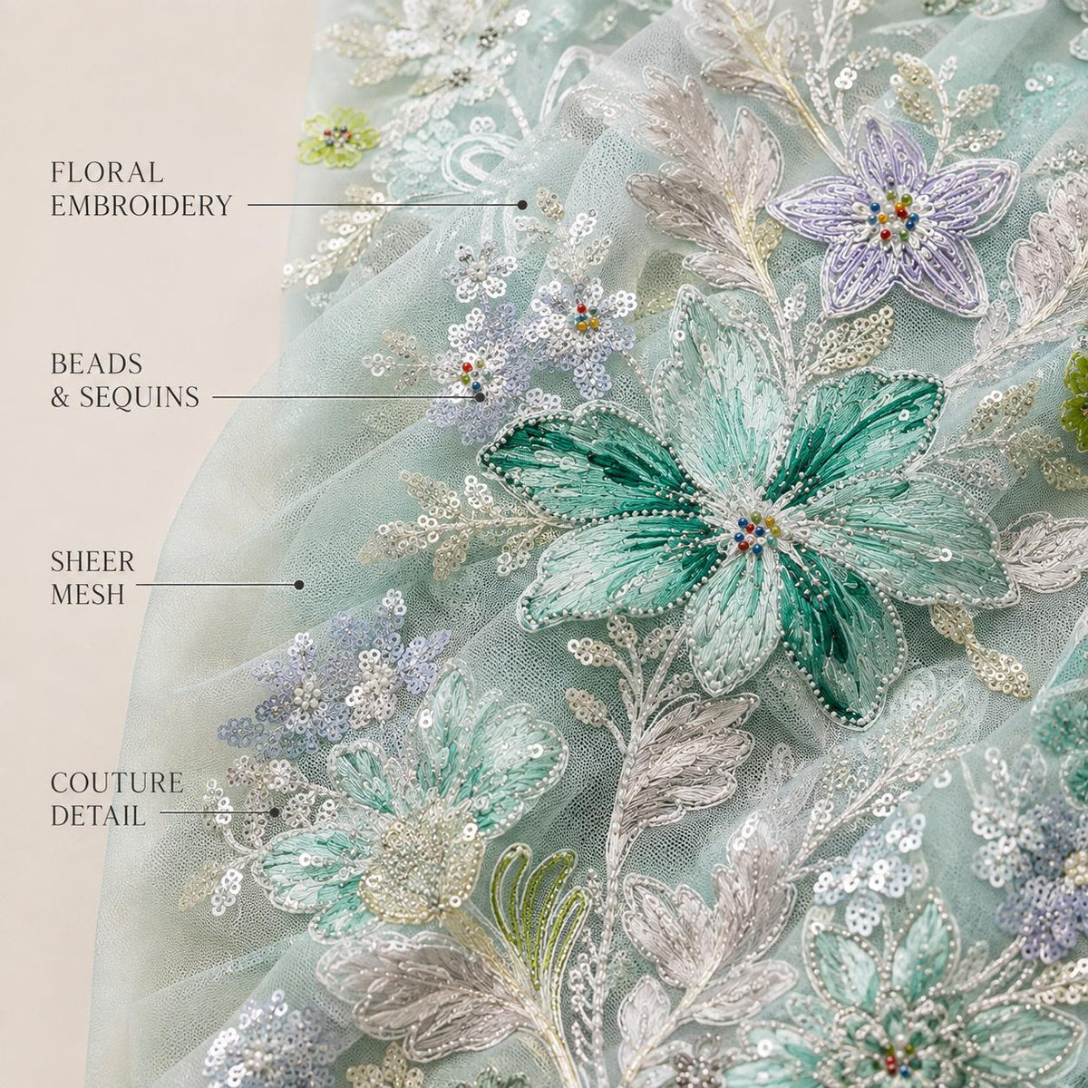 Mint Green Beaded Lace Fabric by the Yard, Floral Embroidered Tulle Mesh for Mother of the Bride, Formal Gown & Wedding Dress