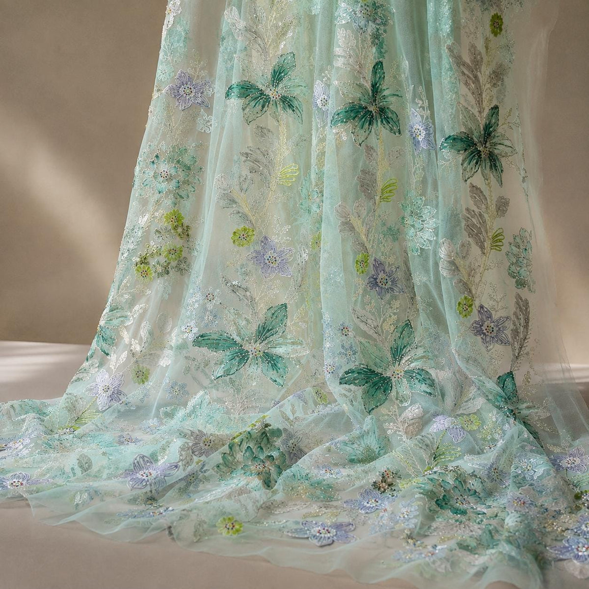 Mint Green Beaded Lace Fabric by the Yard, Floral Embroidered Tulle Mesh for Mother of the Bride, Formal Gown & Wedding Dress