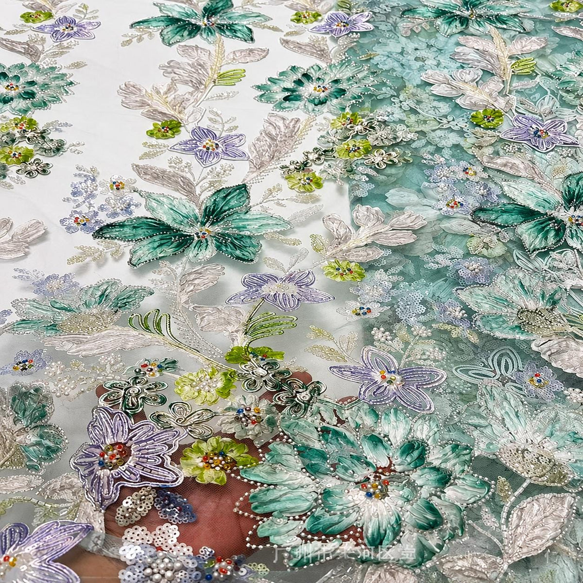 Mint Green Beaded Lace Fabric by the Yard, Floral Embroidered Tulle Mesh for Mother of the Bride, Formal Gown & Wedding Dress