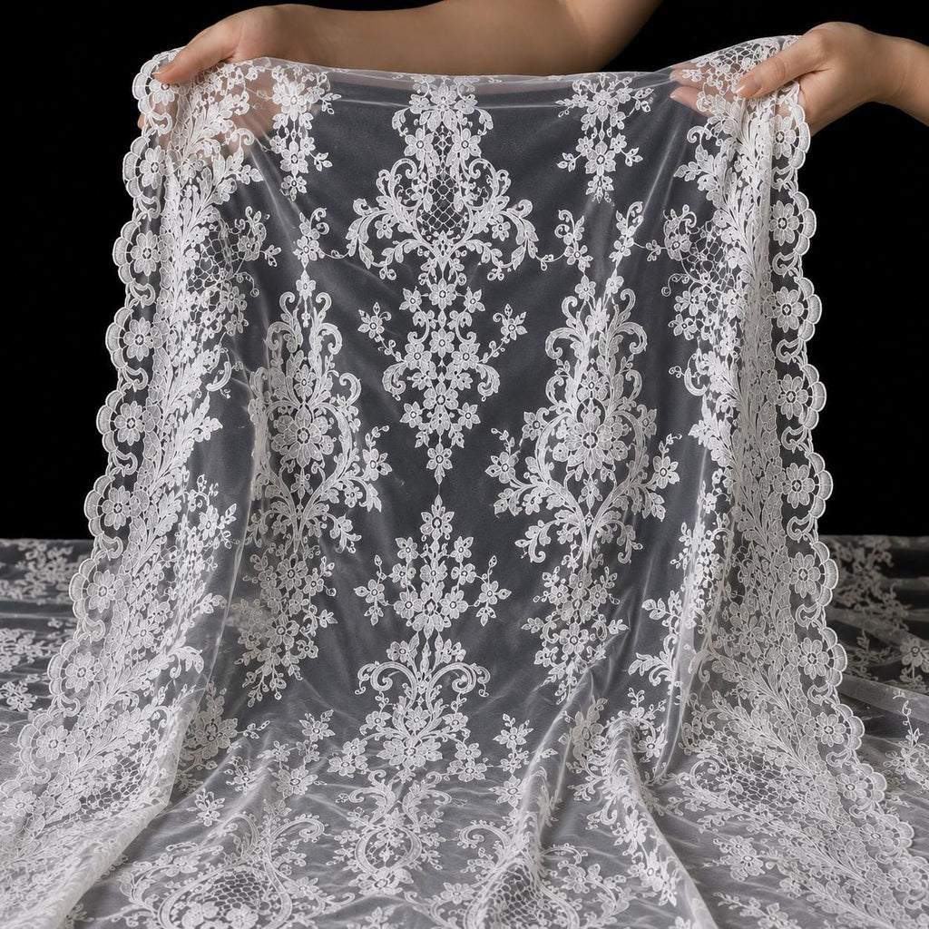 Luxury Bridal Lace Fabric by the Yard, White Embroidered Wedding Dress Lace, Double Scalloped Floral Lace Fabric, Couture Bridal Tulle