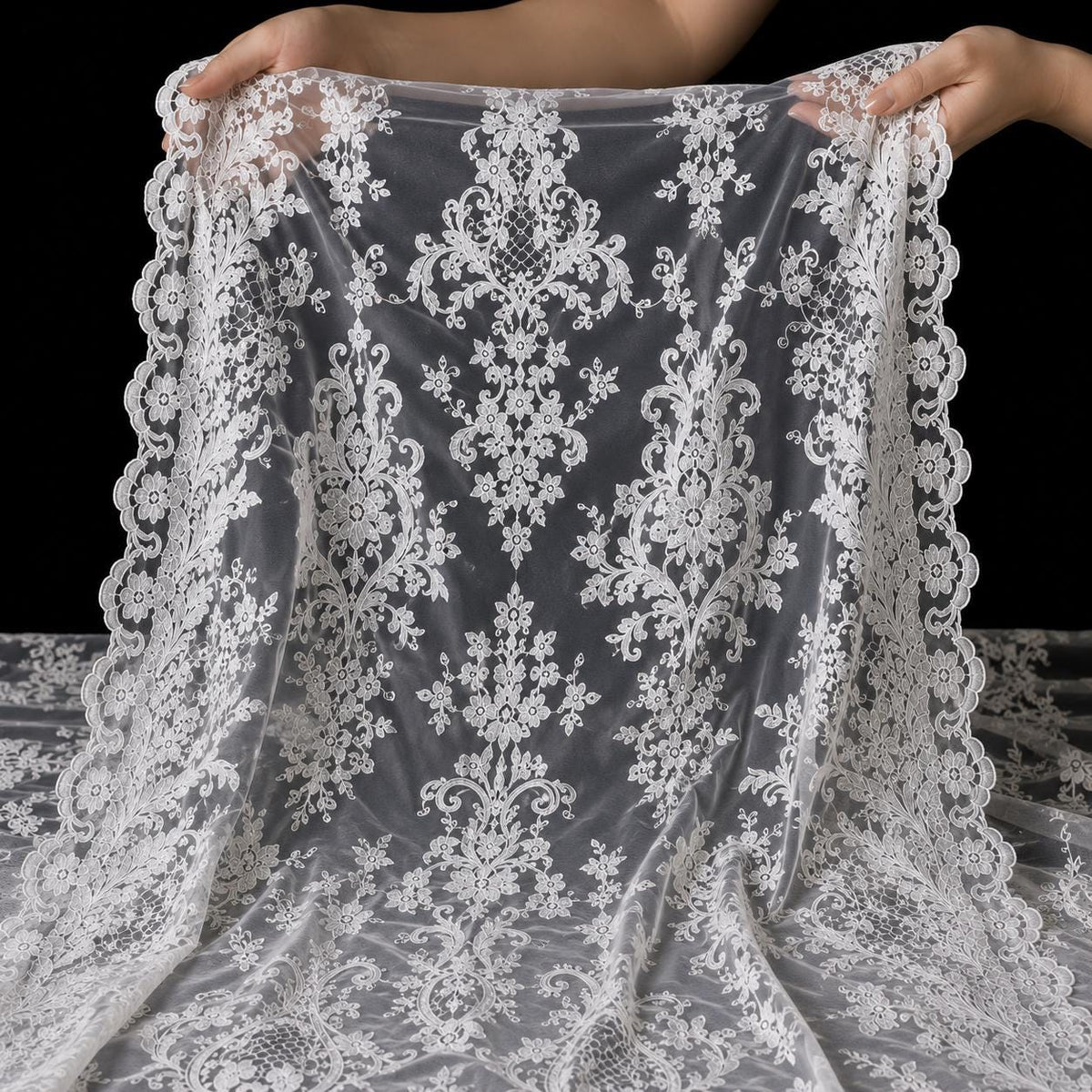 Luxury Bridal Lace Fabric by the Yard, White Embroidered Wedding Dress Lace, Double Scalloped Floral Lace Fabric, Couture Bridal Tulle