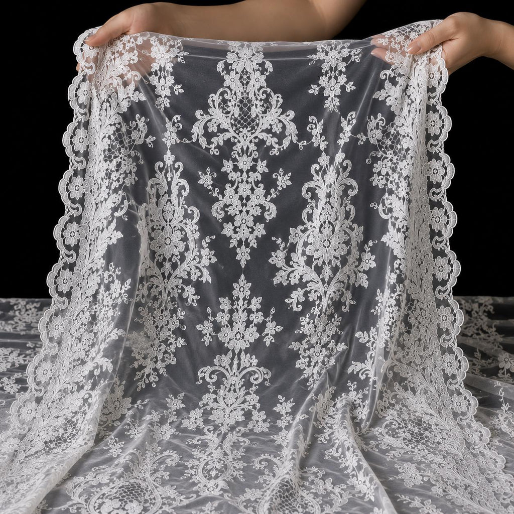 White Embroidered Lace Fabric by the Yard, Couture Bridal Lace, Wedding Gown Fabric, Floral Mesh Lace, Luxury Designer Fabric