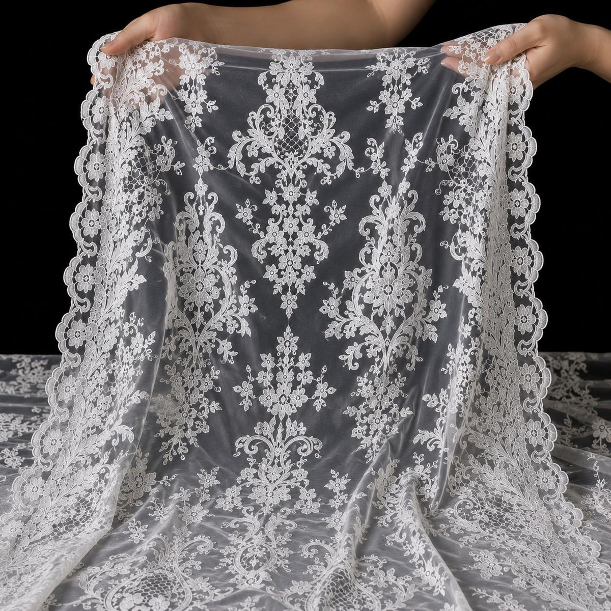 White Embroidered Lace Fabric by the Yard, Couture Bridal Lace, Wedding Gown Fabric, Floral Mesh Lace, Luxury Designer Fabric