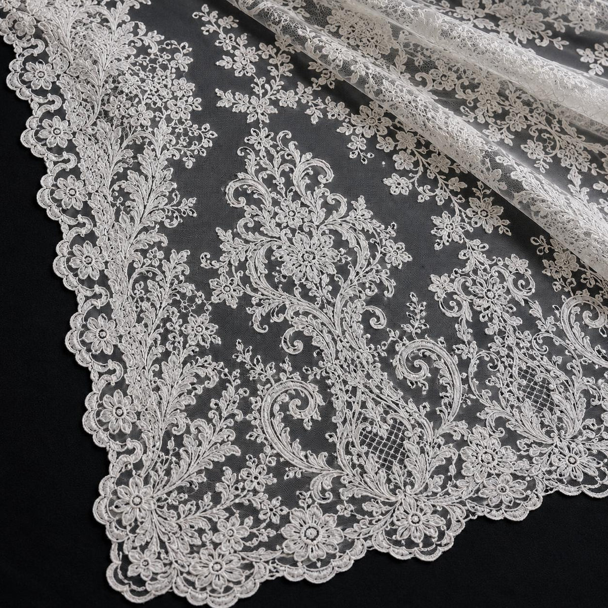 Luxury Bridal Lace Fabric by the Yard, White Embroidered Wedding Dress Lace, Double Scalloped Floral Lace Fabric, Couture Bridal Tulle
