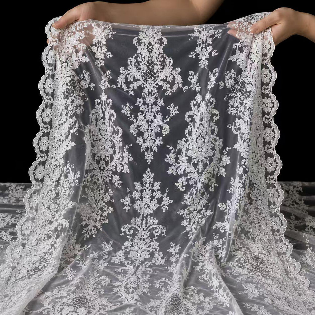 Wedding Dress Lace Fabric by the Yard, White Floral Embroidery Lace, Bridal Veil Lace, Double Border Lace, Luxury Wedding Fabric