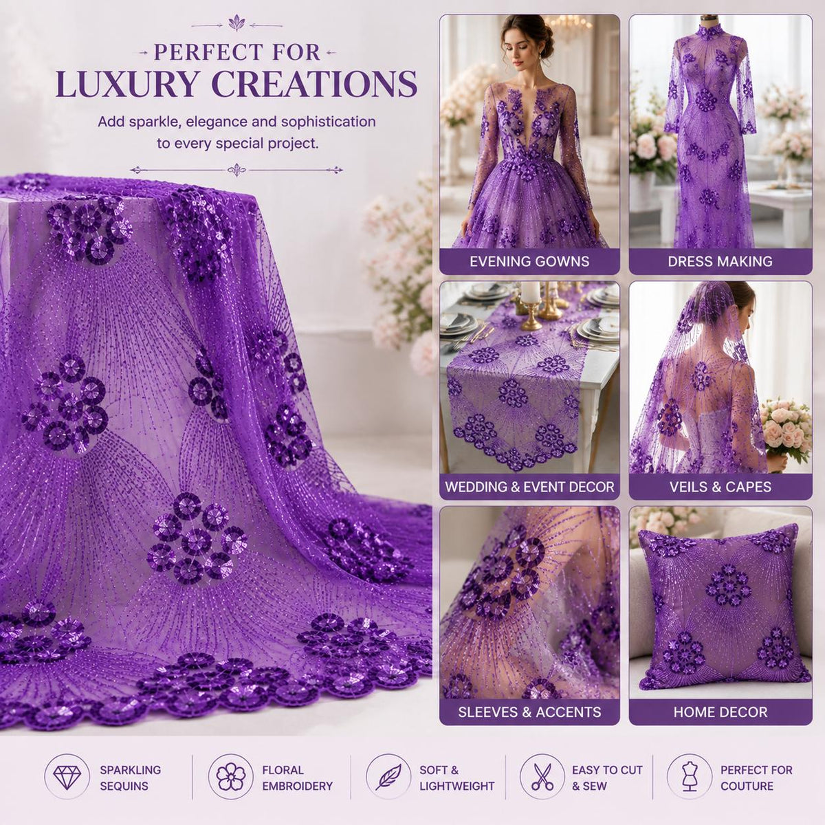 Purple Beaded Lace Fabric by the Yard, Luxury Sequin Embroidered Mesh Tulle, Bridal Wedding Dress Fabric, Couture Evening Gown Lace
