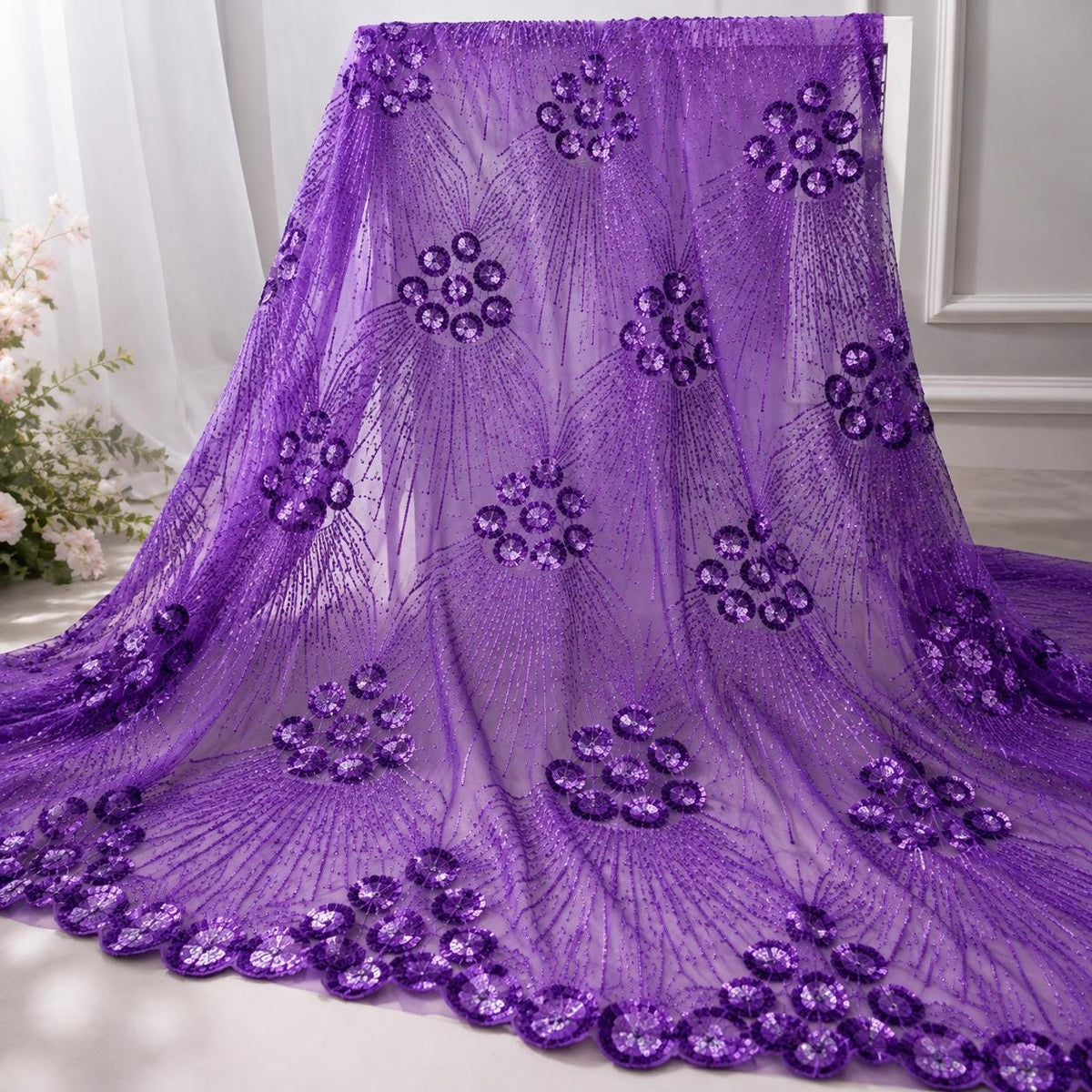 Purple Beaded Lace Fabric by the Yard, Luxury Sequin Embroidered Mesh Tulle, Bridal Wedding Dress Fabric, Couture Evening Gown Lace
