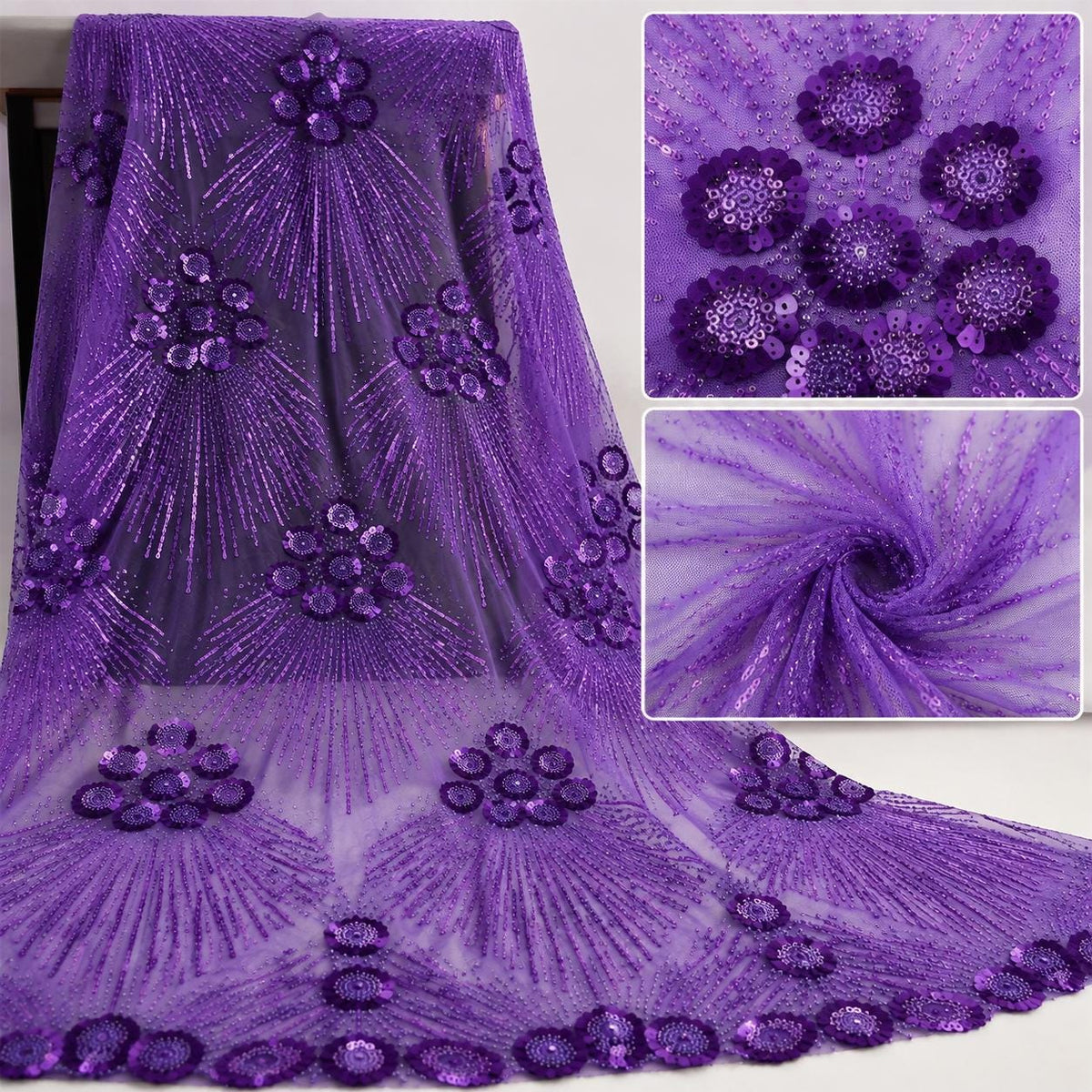 Purple Beaded Lace Fabric by the Yard, Luxury Sequin Embroidered Mesh Tulle, Bridal Wedding Dress Fabric, Couture Evening Gown Lace