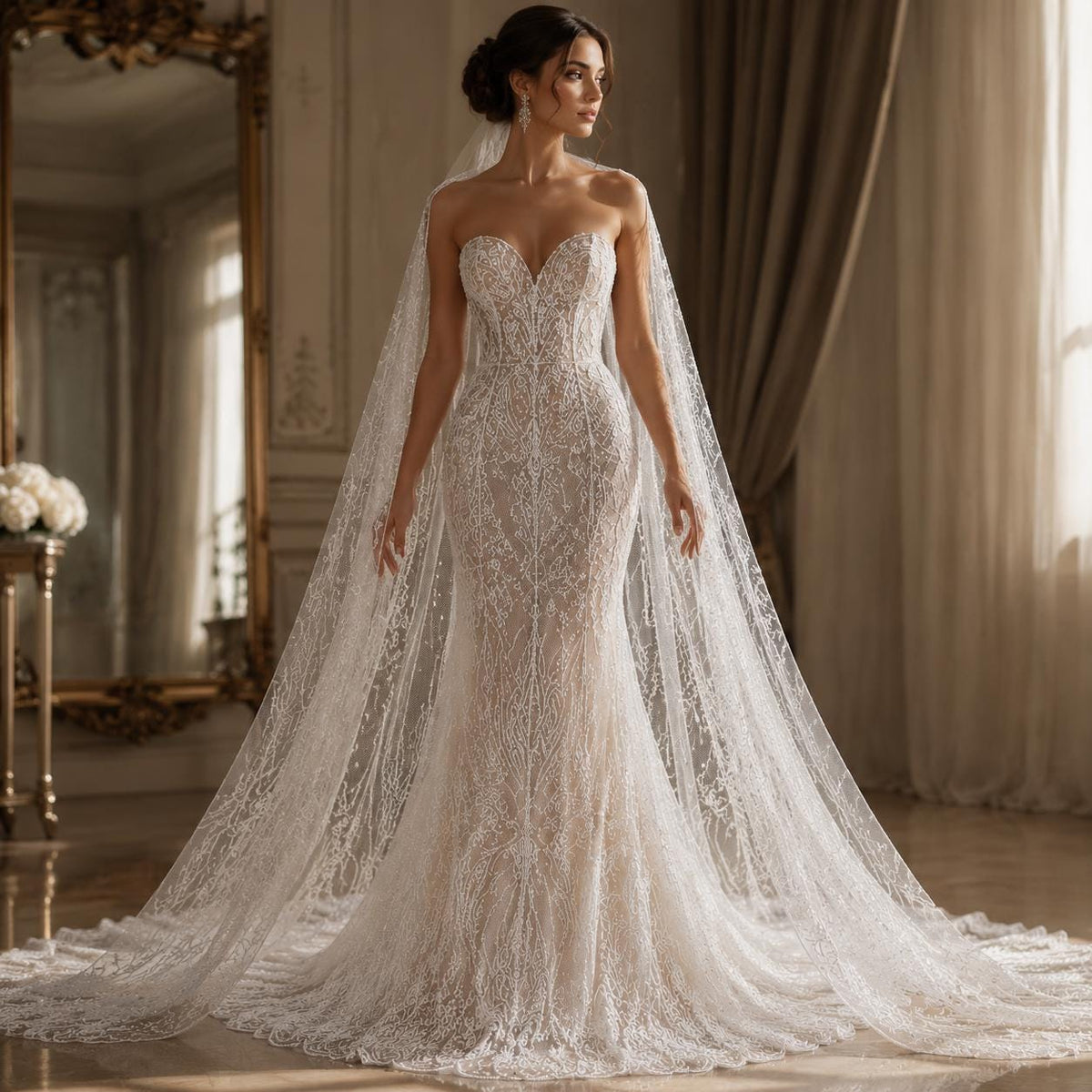 White Beaded Lace Fabric by the Yard, Pearl Embroidery Mesh Tulle, Luxury Bridal Wedding Dress Fabric, Couture Evening Gown Lace, Scalloped