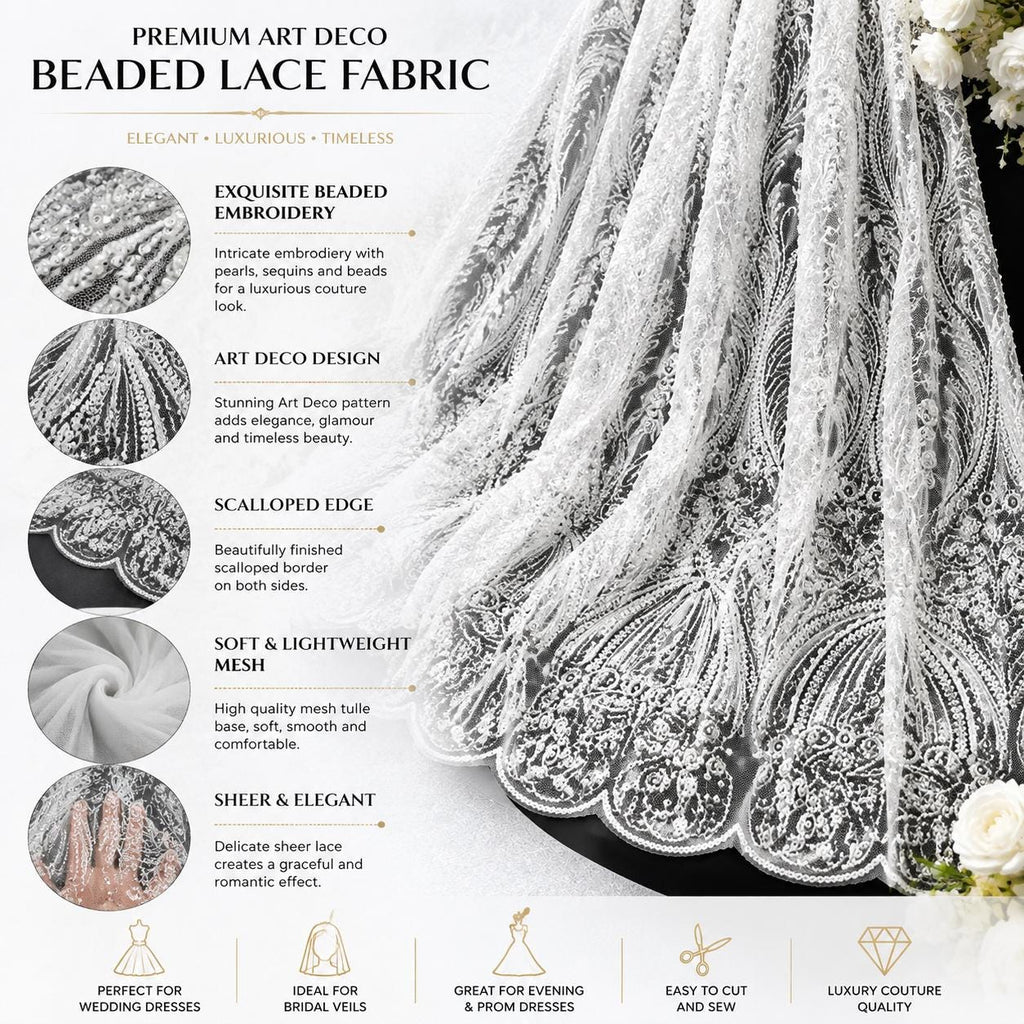 White Beaded Lace Fabric by the Yard, Pearl Embroidery Mesh Tulle, Luxury Bridal Wedding Dress Fabric, Couture Evening Gown Lace, Scalloped