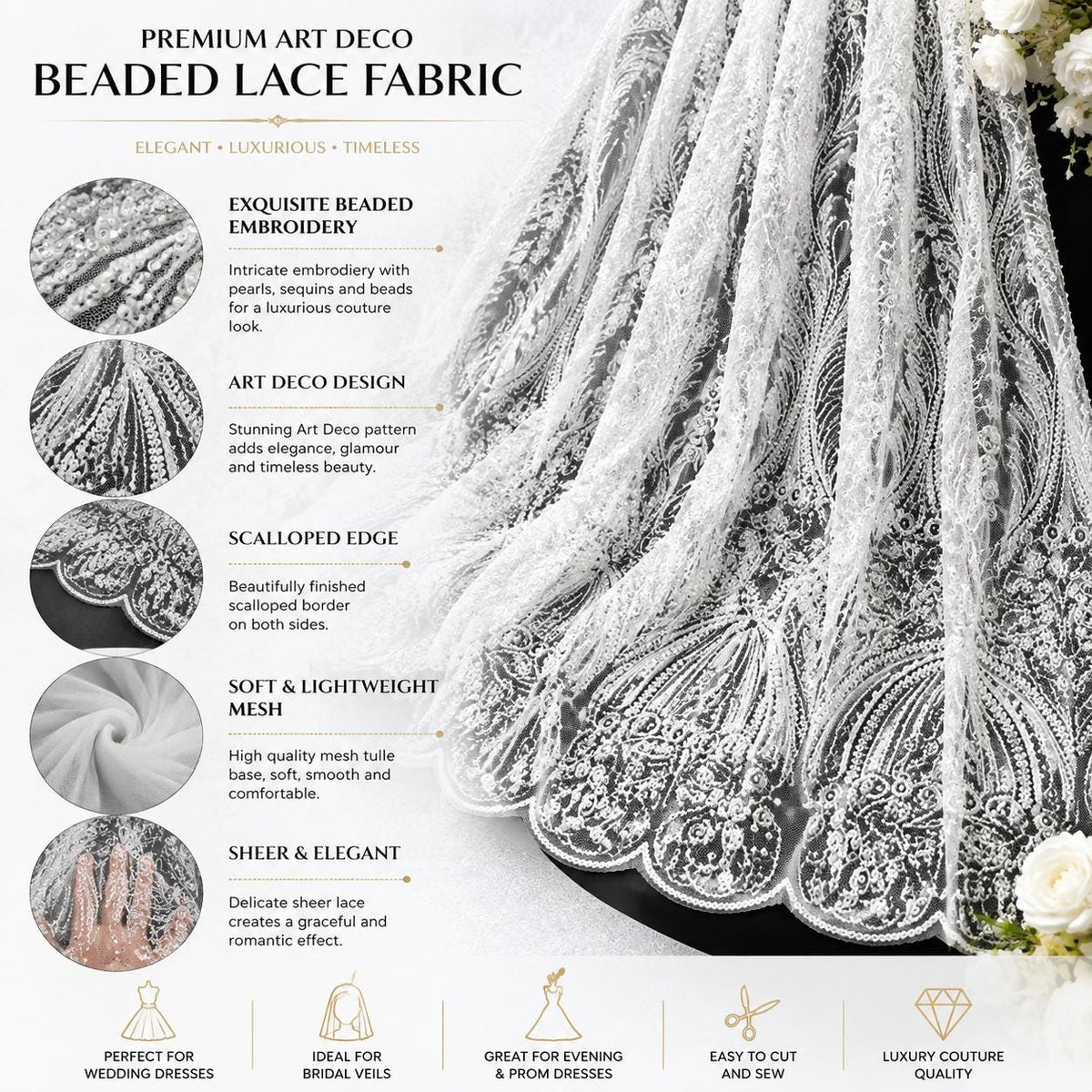 White Beaded Lace Fabric by the Yard, Pearl Embroidery Mesh Tulle, Luxury Bridal Wedding Dress Fabric, Couture Evening Gown Lace, Scalloped