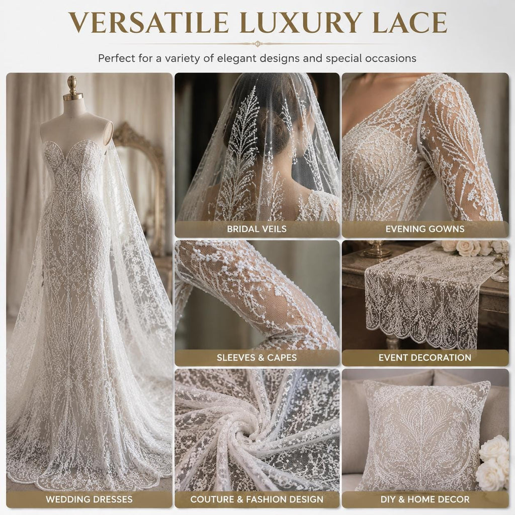 White Beaded Lace Fabric by the Yard, Pearl Embroidery Mesh Tulle, Luxury Bridal Wedding Dress Fabric, Couture Evening Gown Lace, Scalloped
