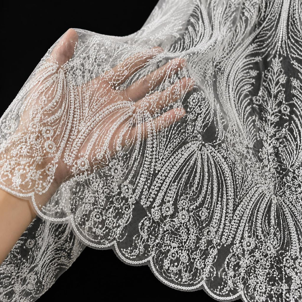 White Beaded Lace Fabric by the Yard, Pearl Embroidery Mesh Tulle, Luxury Bridal Wedding Dress Fabric, Couture Evening Gown Lace, Scalloped