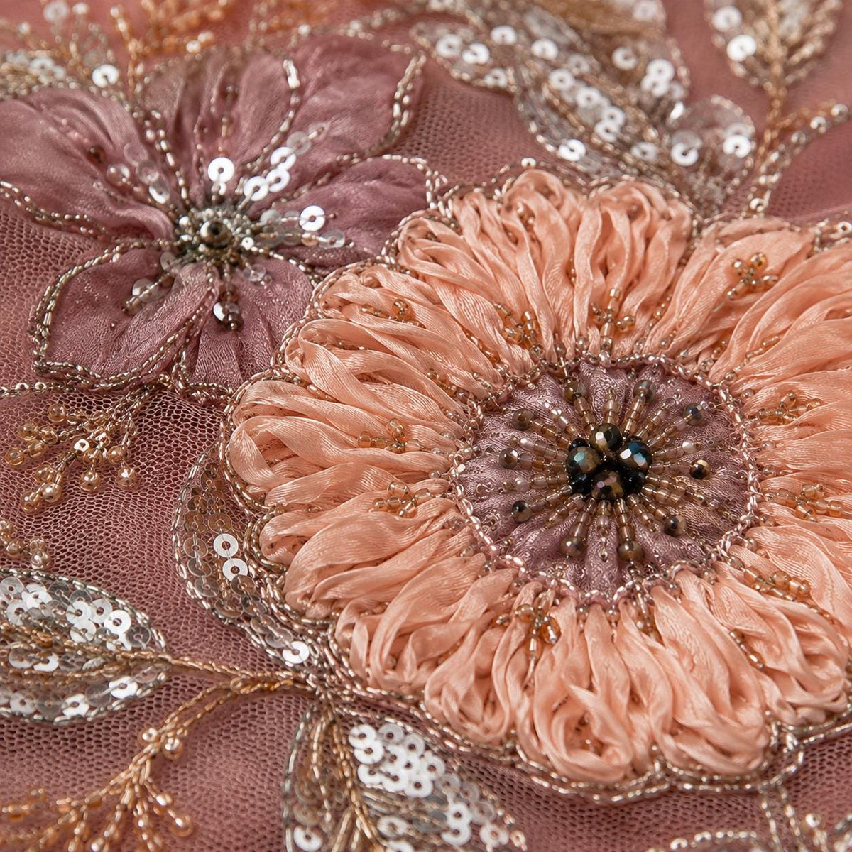 Dusty Rose 3D Floral Lace Fabric by the Yard, Peach Beaded Sequin Embroidered Tulle Mesh for Evening Gown, Prom & Couture