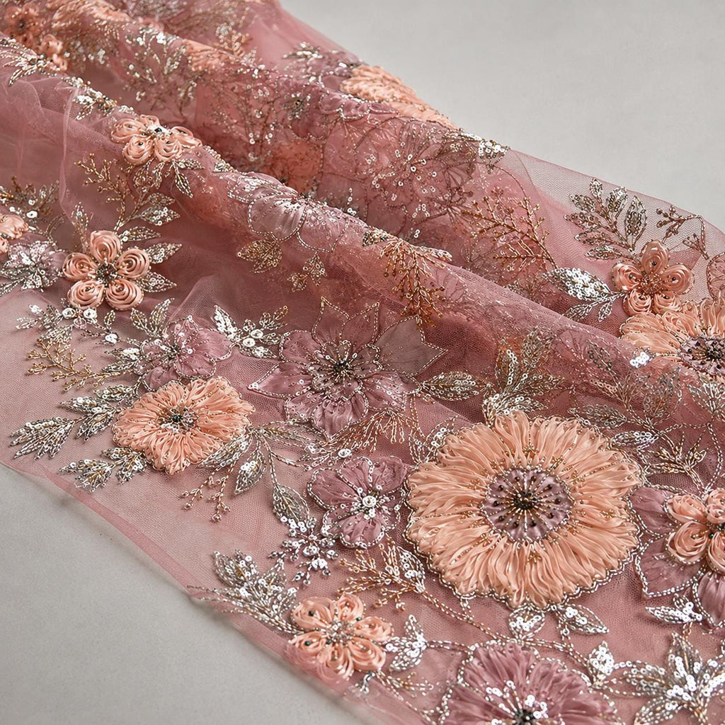 Dusty Rose 3D Floral Lace Fabric by the Yard, Peach Beaded Sequin Embroidered Tulle Mesh for Evening Gown, Prom & Couture