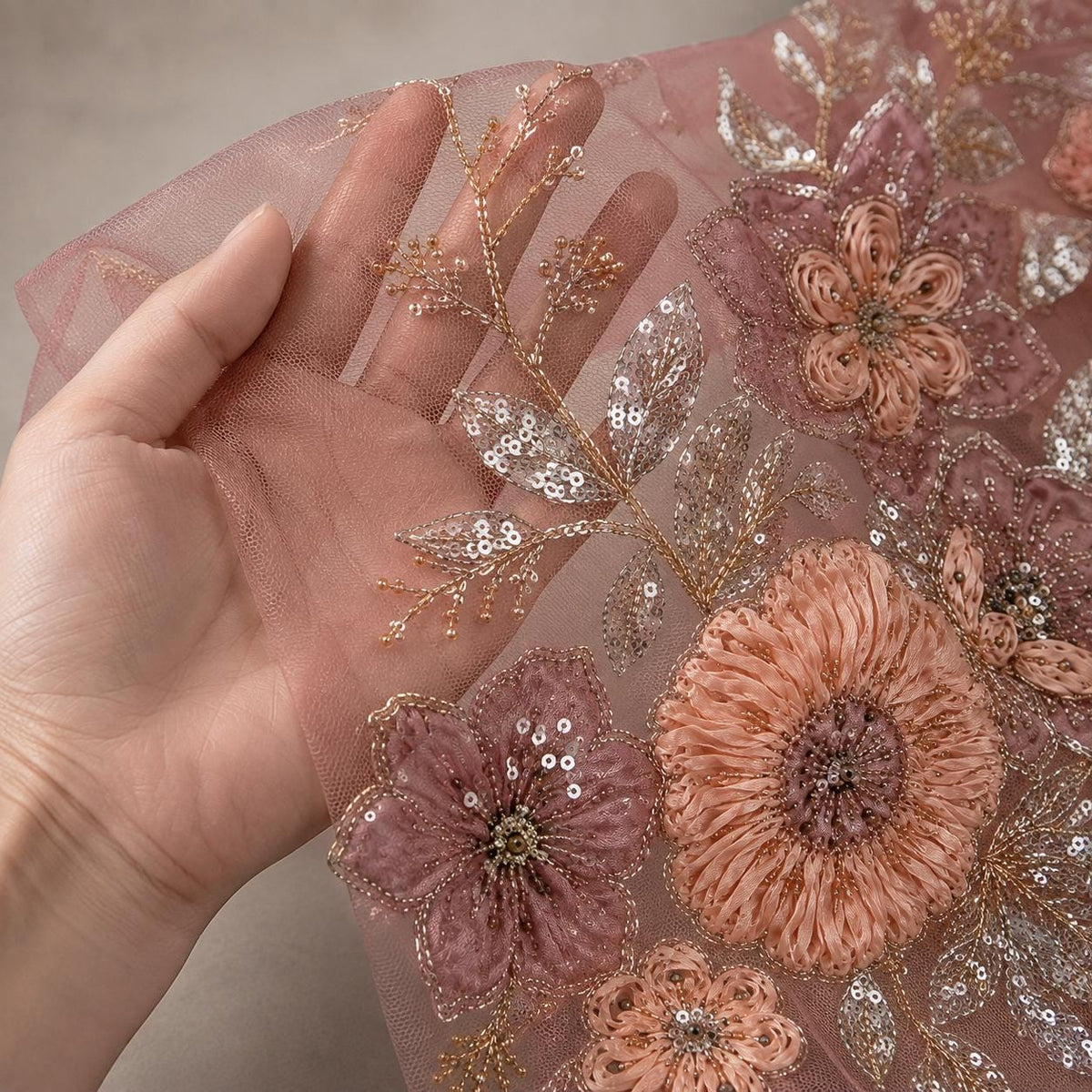 Dusty Rose Lace Fabric by the Yard, 3D Peach Floral Beaded Embroidered Tulle for Mother of the Bride, Wedding Gown & Formal Dress