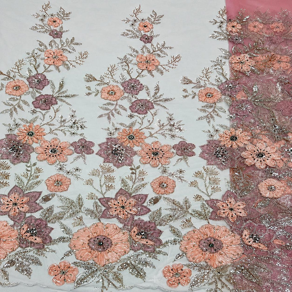 Dusty Rose Lace Fabric by the Yard, 3D Peach Floral Beaded Embroidered Tulle for Mother of the Bride, Wedding Gown & Formal Dress
