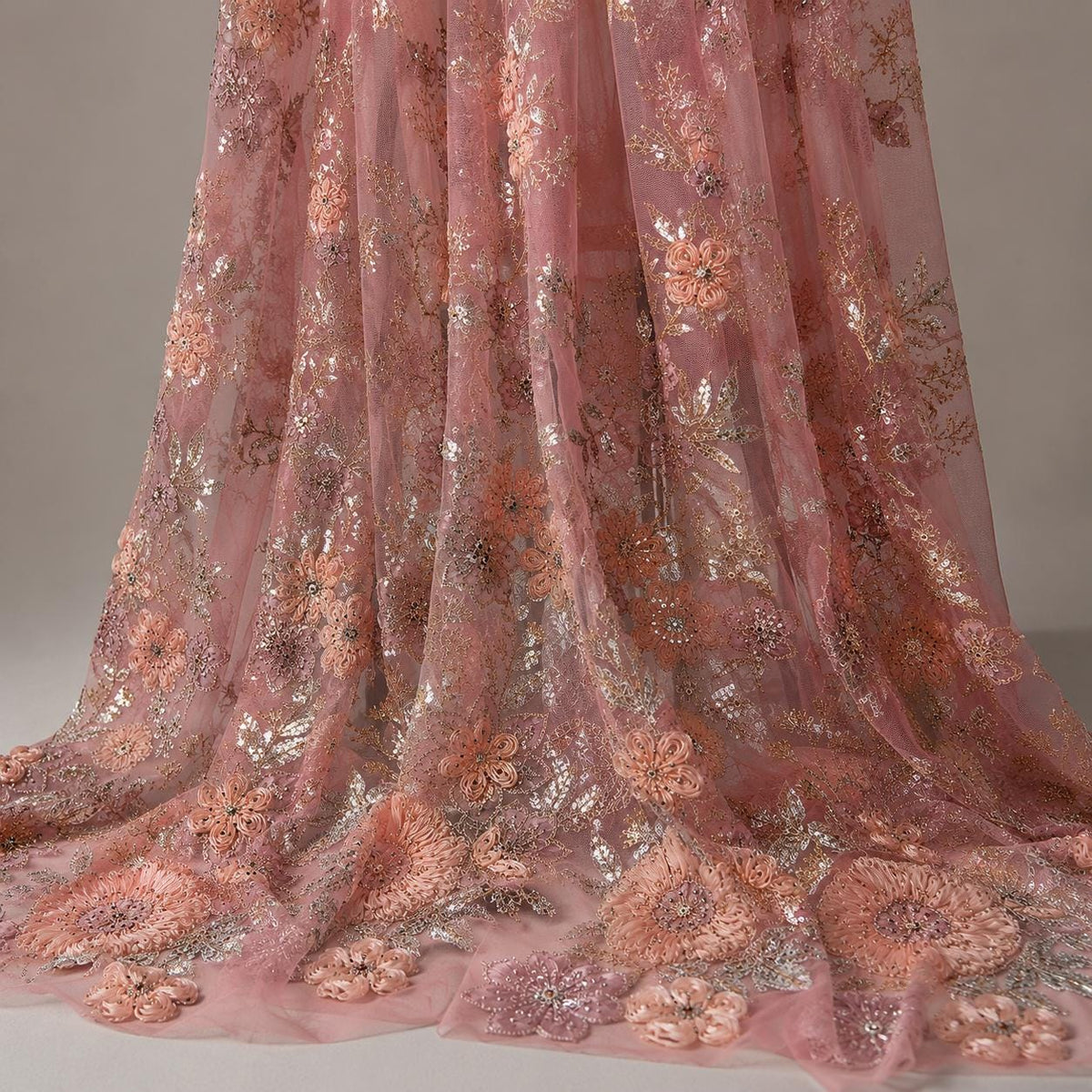 Dusty Rose Lace Fabric by the Yard, 3D Peach Floral Beaded Embroidered Tulle for Mother of the Bride, Wedding Gown & Formal Dress