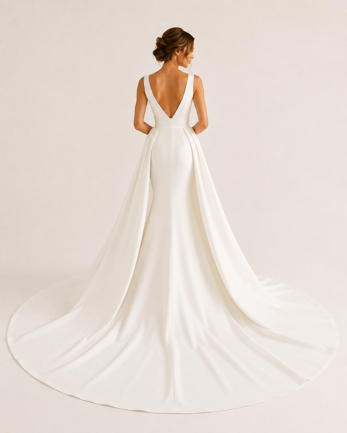 Minimalist Deep V Crepe Wedding Dress with Detachable Overskirt