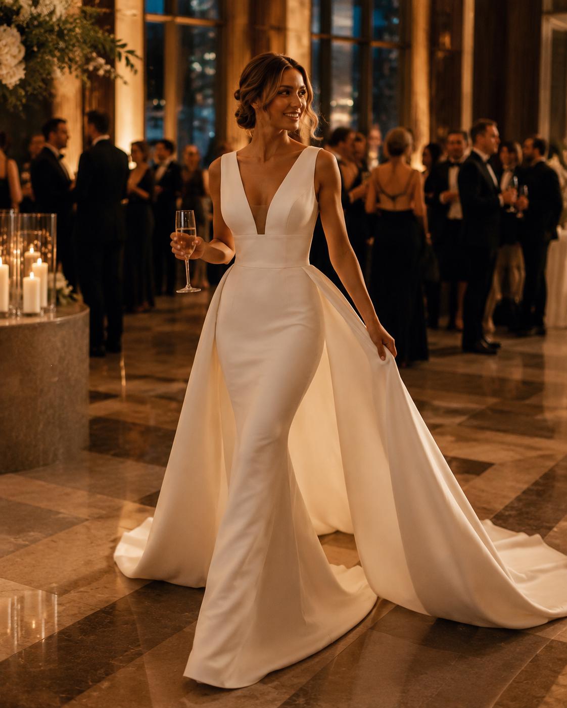 Minimalist Deep V Crepe Wedding Dress with Detachable Overskirt