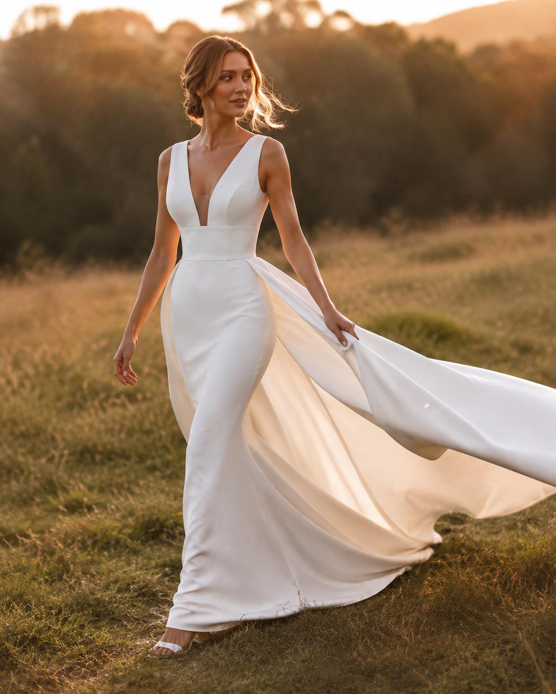Minimalist Deep V Crepe Wedding Dress with Detachable Overskirt