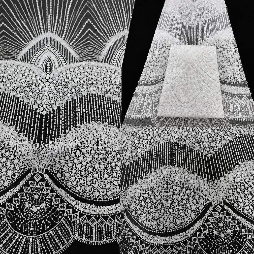 Art Deco Beaded Lace Fabric by the Yard, Luxury Bridal Embroidered Mesh, Wedding Dress Fabric, Couture Evening Gown Lace
