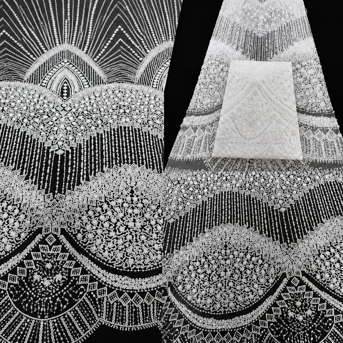 Art Deco Beaded Lace Fabric by the Yard, Luxury Bridal Embroidered Mesh, Wedding Dress Fabric, Couture Evening Gown Lace
