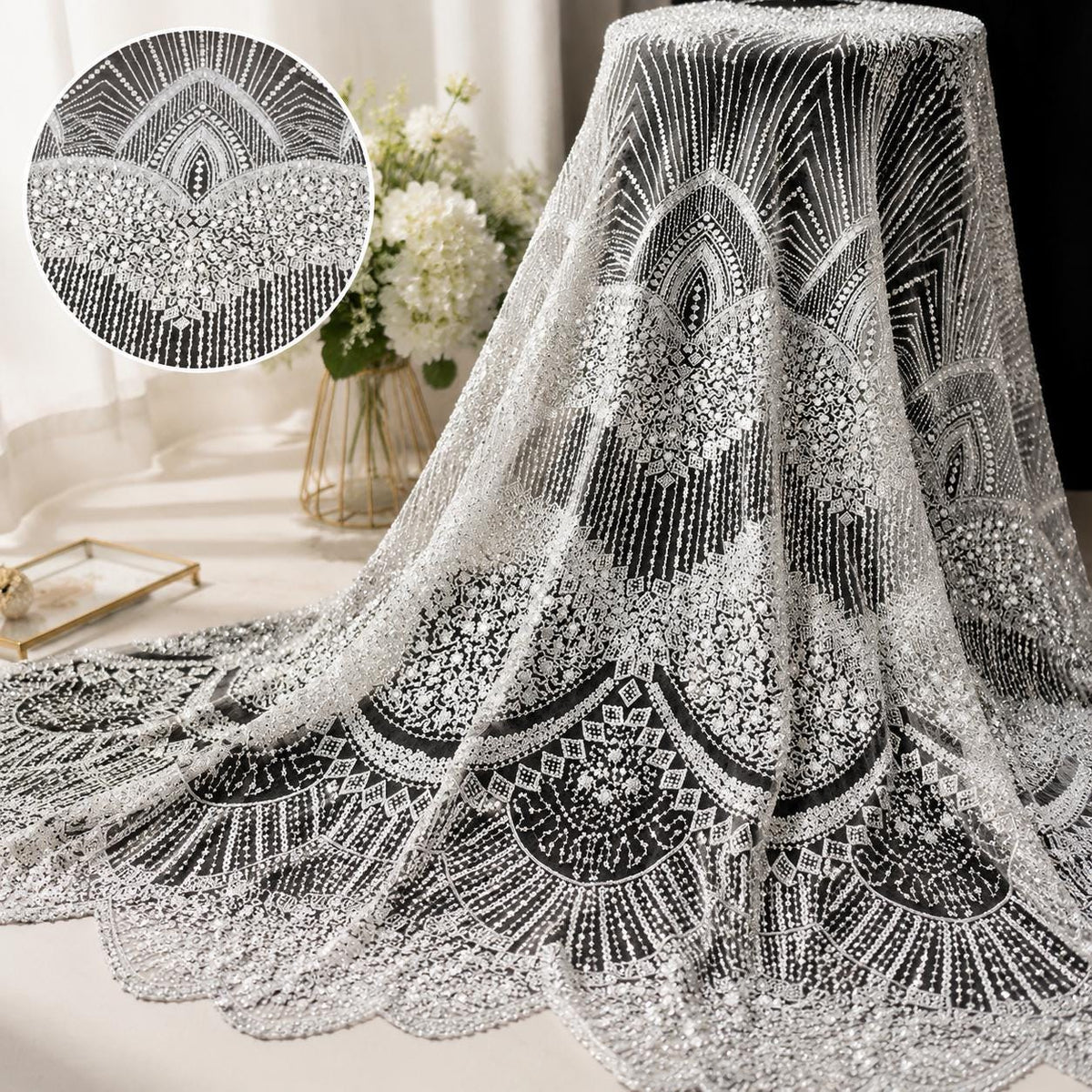 Art Deco Beaded Lace Fabric by the Yard, Luxury Bridal Embroidered Mesh, Wedding Dress Fabric, Couture Evening Gown Lace