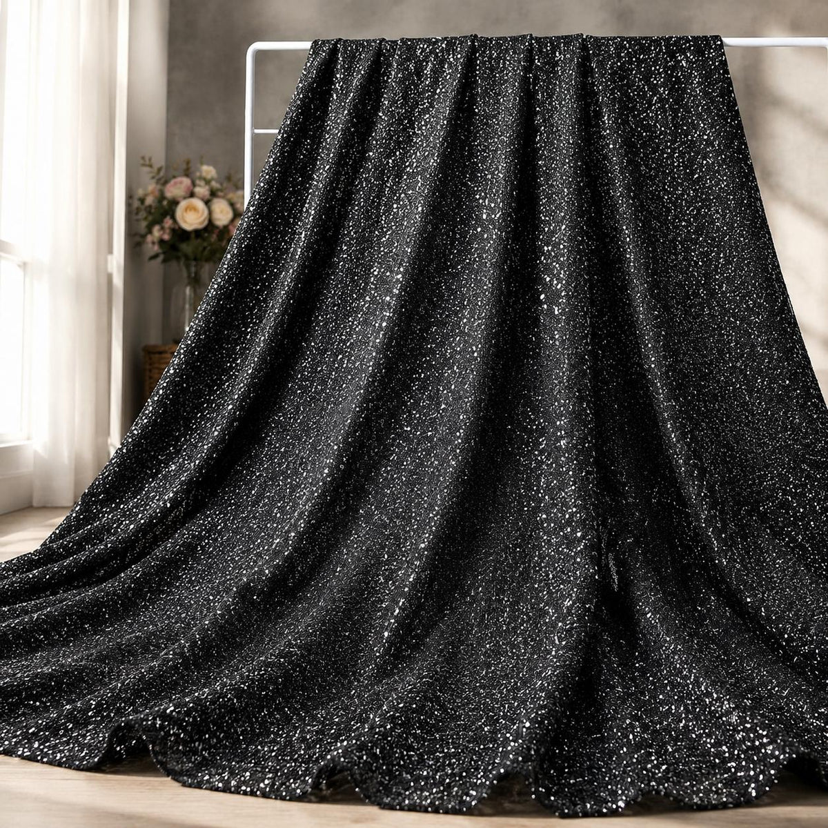 Luxury Black Glitter Fabric by the Yard, Fine Sparkle Knit Fabric, Shimmer Evening Gown Material, Prom Dress, Backdrop & Event Decor