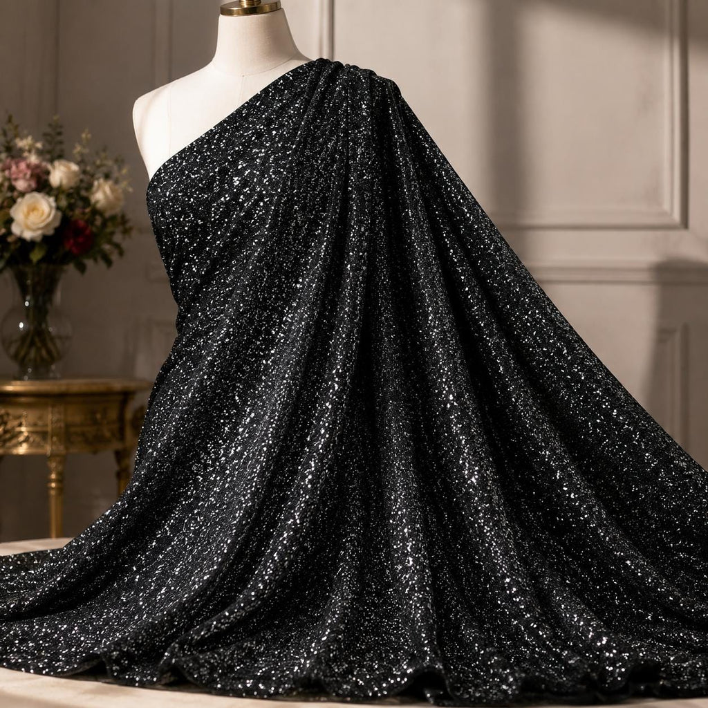 Luxury Black Glitter Fabric by the Yard, Fine Sparkle Knit Fabric, Shimmer Evening Gown Material, Prom Dress, Backdrop & Event Decor