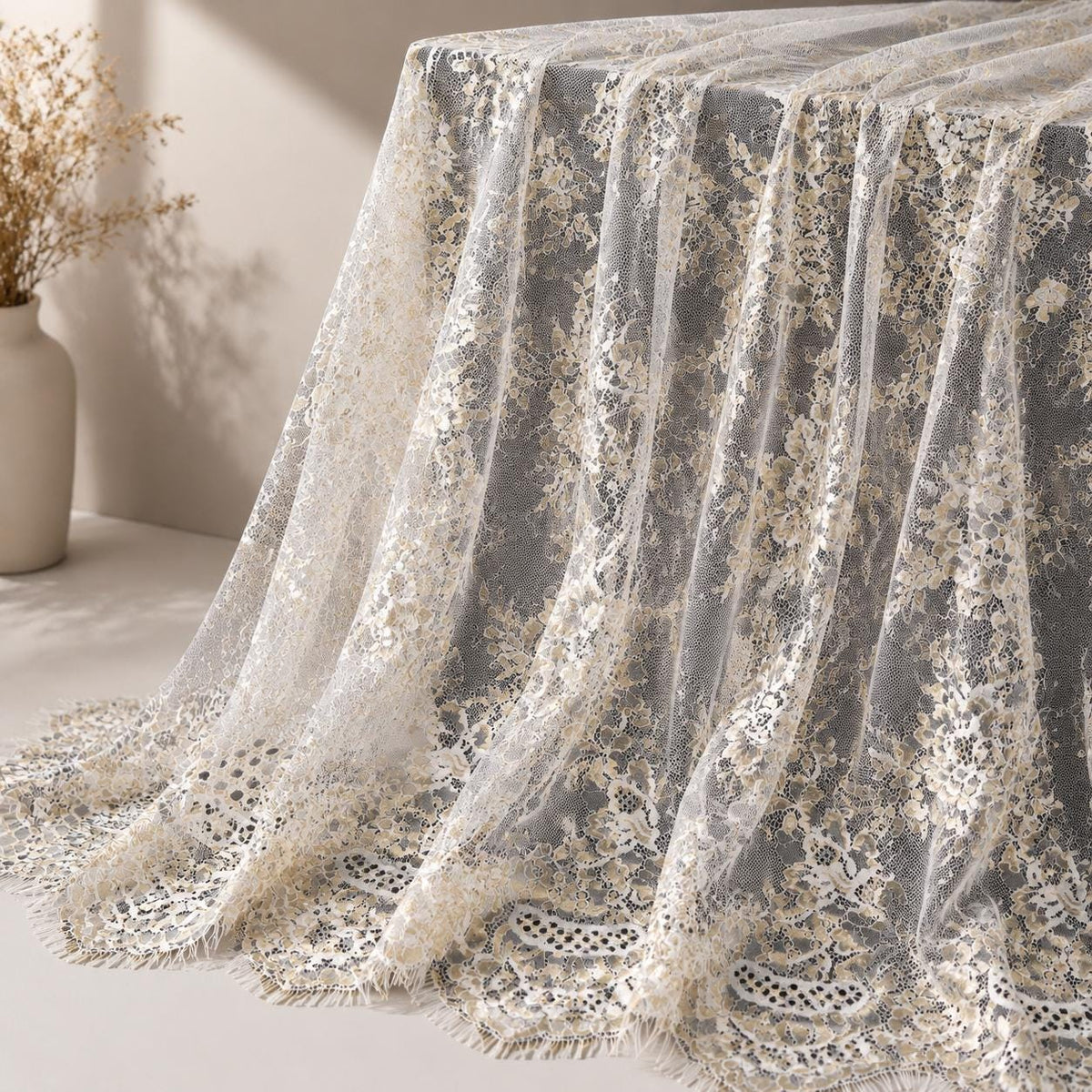 Ivory Gold Chantilly Eyelash Lace Fabric by the Yard | French Bridal Lace | Wedding Dress & Bridal Veil Lace | Couture Floral Lace