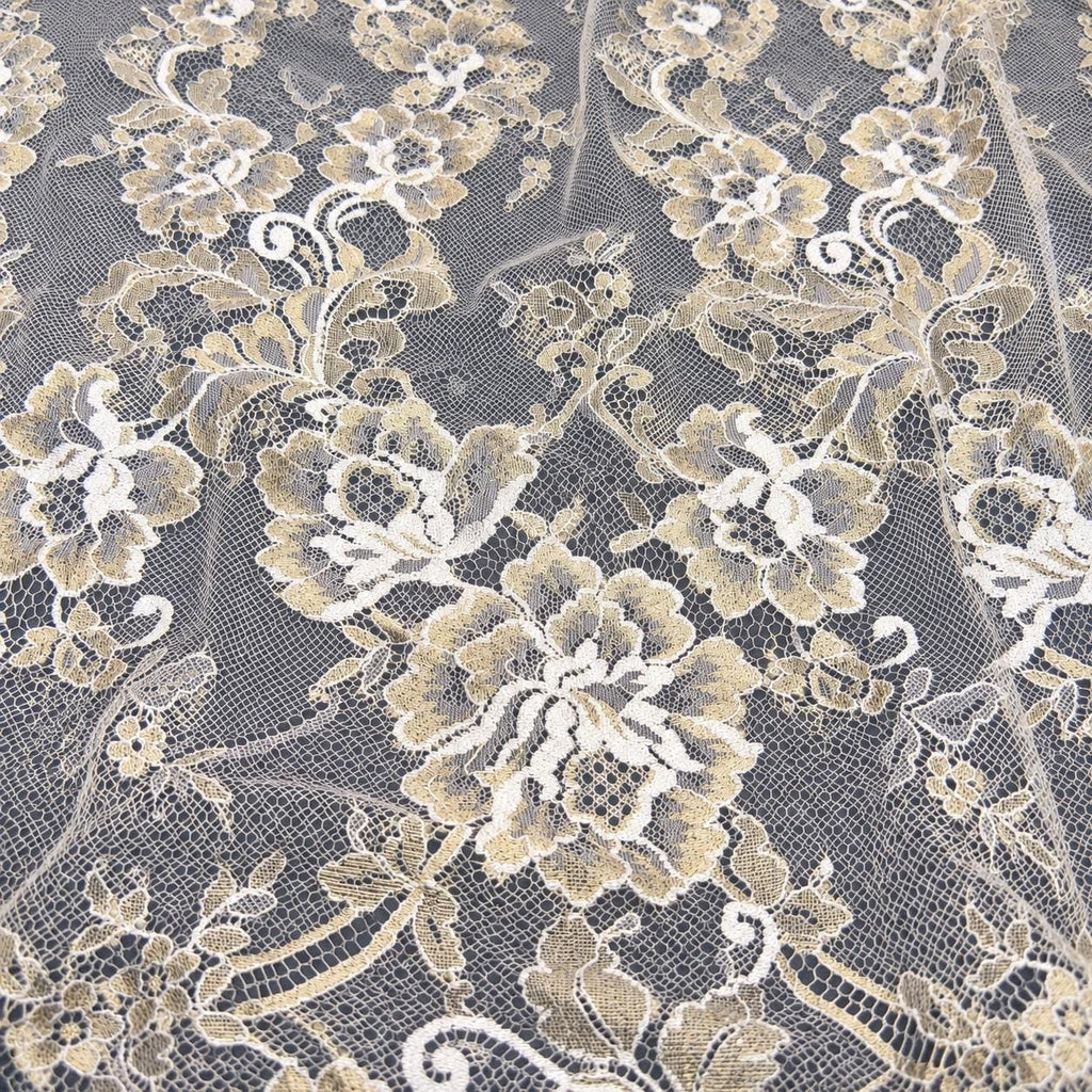 Ivory Gold Chantilly Eyelash Lace Fabric by the Yard | French Bridal Lace | Wedding Dress & Bridal Veil Lace | Couture Floral Lace