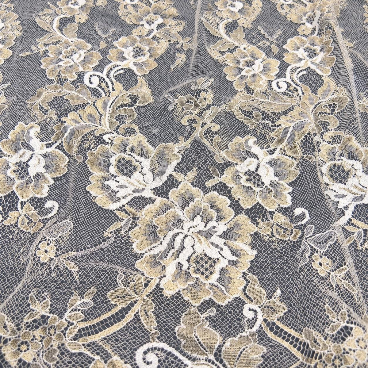 Ivory Gold Chantilly Eyelash Lace Fabric by the Yard | French Bridal Lace | Wedding Dress & Bridal Veil Lace | Couture Floral Lace