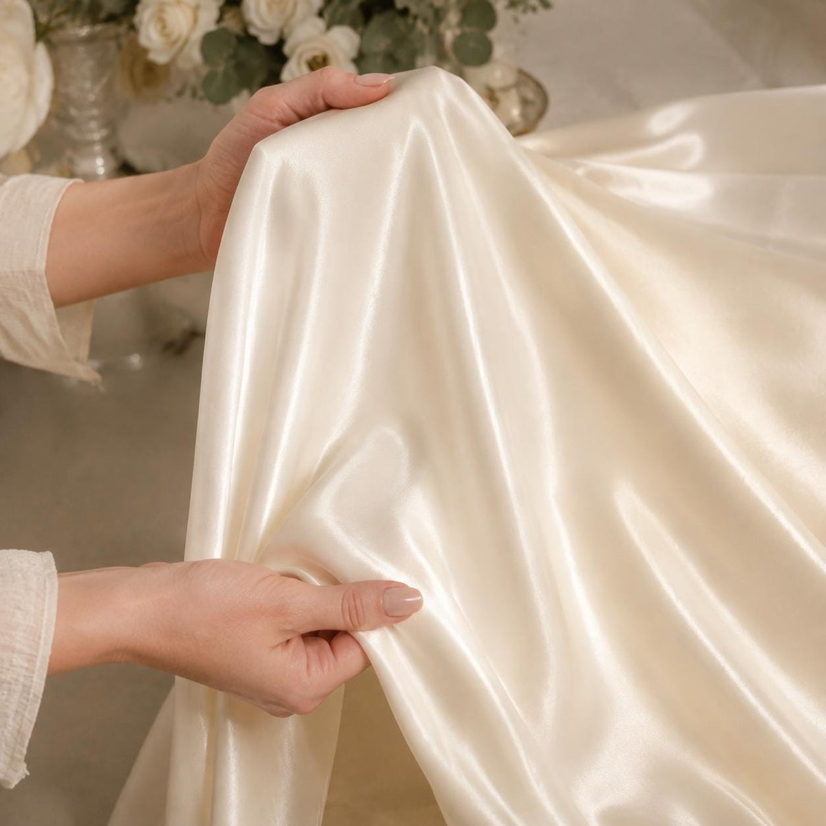 Ivory Polyester Satin Fabric by the Yard