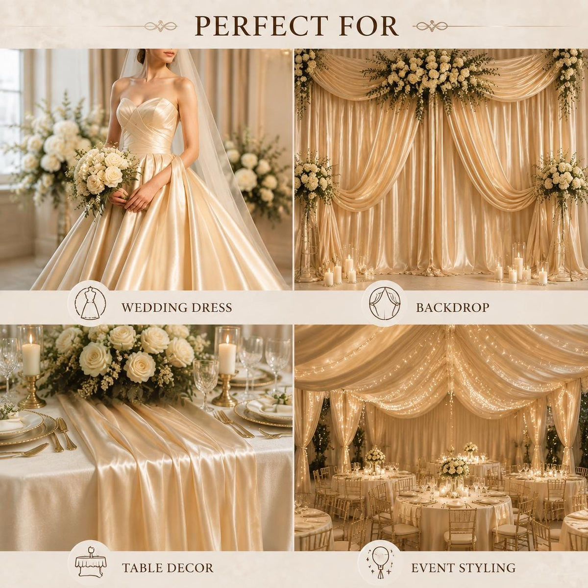 Champagne Satin Fabric by the Yard for Wedding Decor