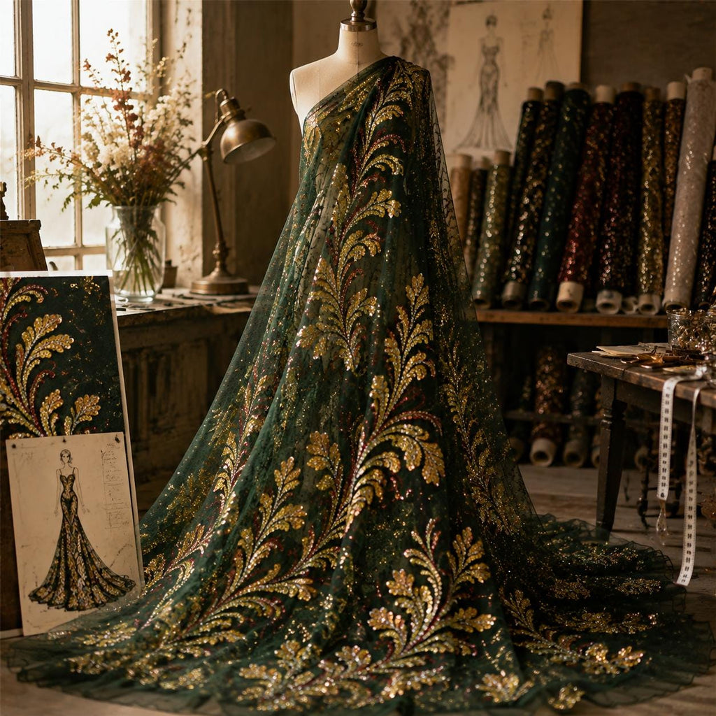 Emerald Green Beaded Lace Fabric by the Yard | Luxury Sequin Embroidered Mesh | Couture Bridal & Evening Dress Fabric | Prom Gown Tulle