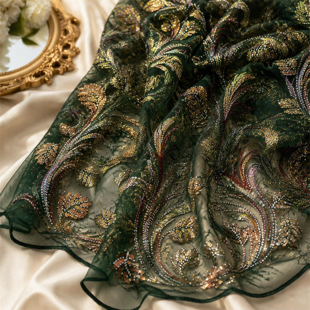 Emerald Green Beaded Lace Fabric by the Yard | Luxury Sequin Embroidered Mesh | Couture Bridal & Evening Dress Fabric | Prom Gown Tulle