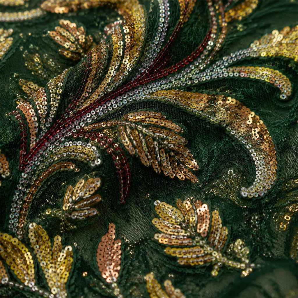 Emerald Green Beaded Lace Fabric by the Yard | Luxury Sequin Embroidered Mesh | Couture Bridal & Evening Dress Fabric | Prom Gown Tulle