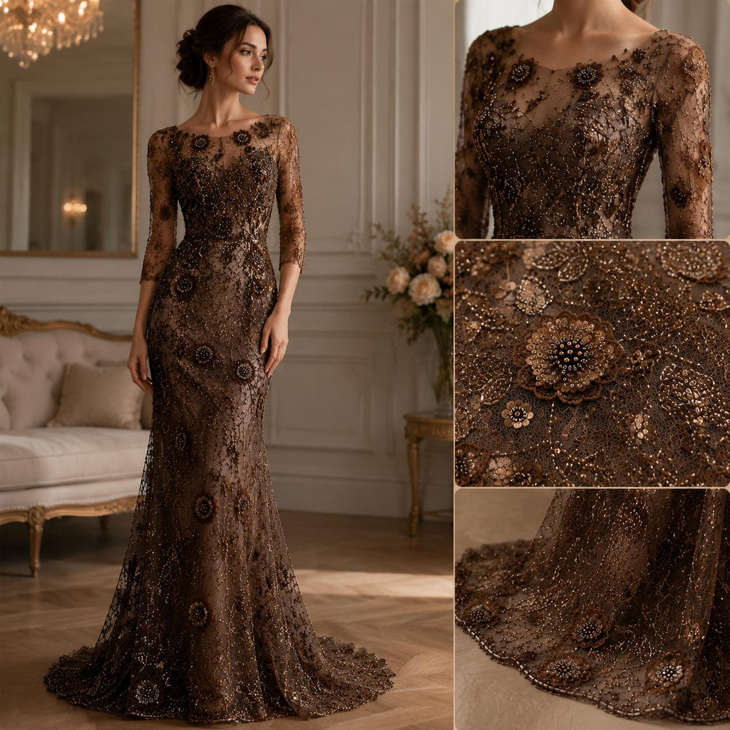 Brown Beaded Lace Fabric by the Yard | 3D Floral Embroidered Mesh Lace | Luxury Couture Evening Gown & Bridal Dress Fabric | Taupe Tulle