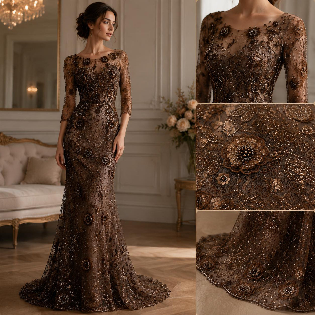 Brown Beaded Lace Fabric by the Yard | 3D Floral Embroidered Mesh Lace | Luxury Couture Evening Gown & Bridal Dress Fabric | Taupe Tulle