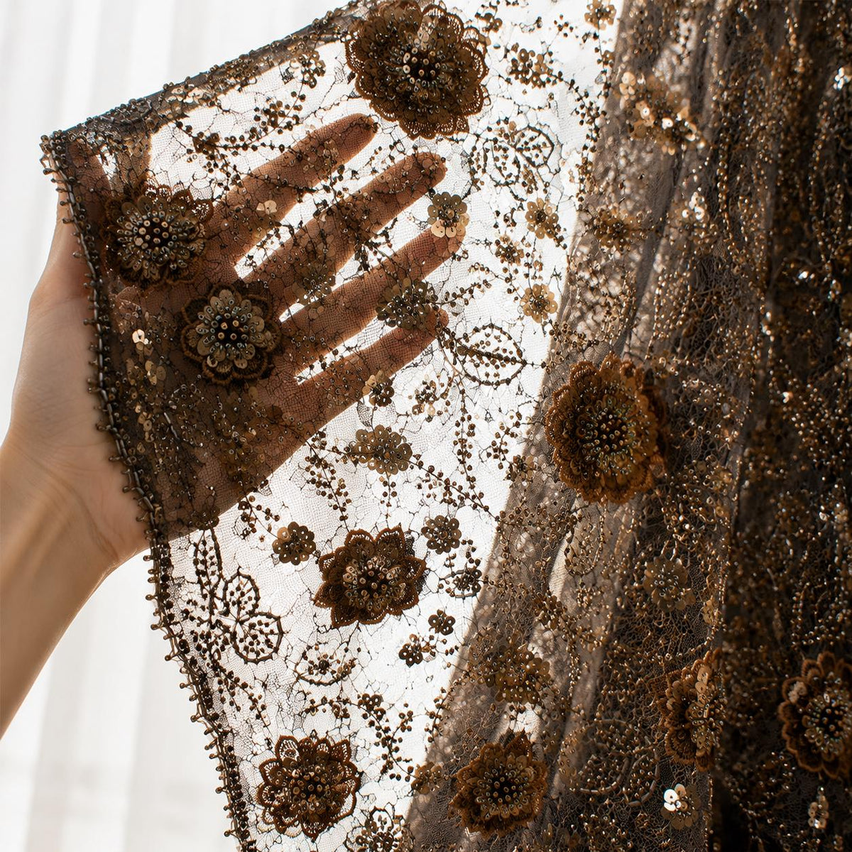 Brown Beaded Lace Fabric by the Yard | 3D Floral Embroidered Mesh Lace | Luxury Couture Evening Gown & Bridal Dress Fabric | Taupe Tulle