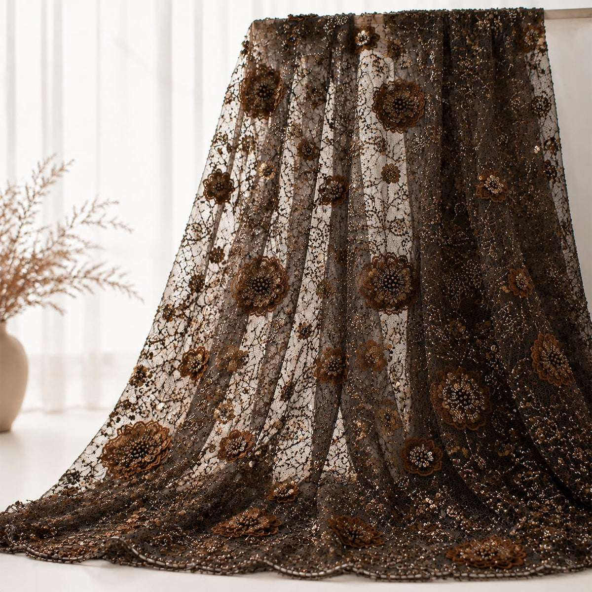 Brown Beaded Lace Fabric by the Yard | 3D Floral Embroidered Mesh Lace | Luxury Couture Evening Gown & Bridal Dress Fabric | Taupe Tulle
