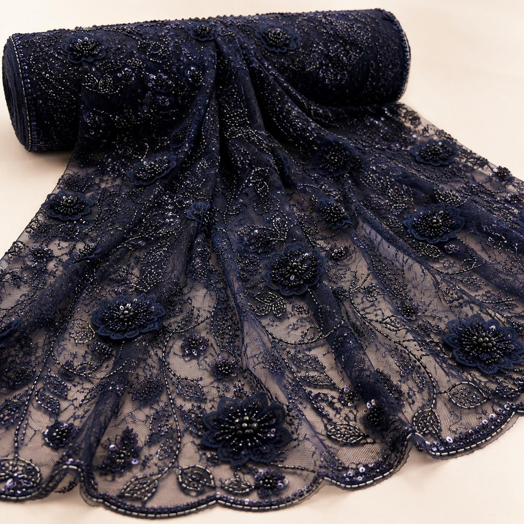 Luxury Navy Blue Bridal Lace Fabric | Beaded Floral Mesh by the Yard | 3D Embroidered Wedding Dress Fabric | Bridal Veil Lace