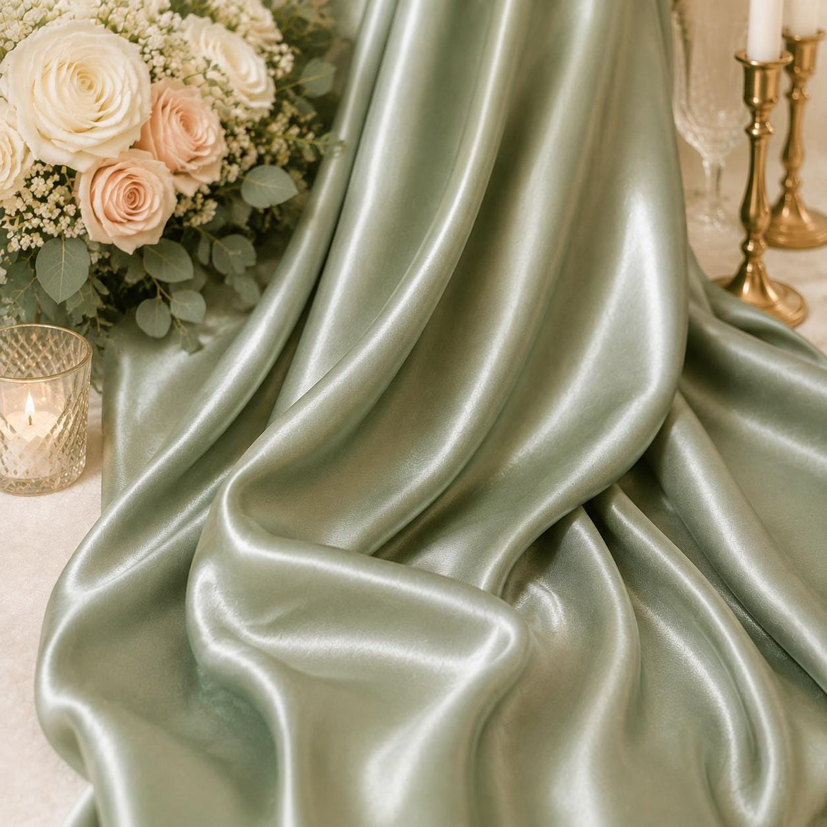 Sage Green Satin Fabric by the Yard for Wedding Decor