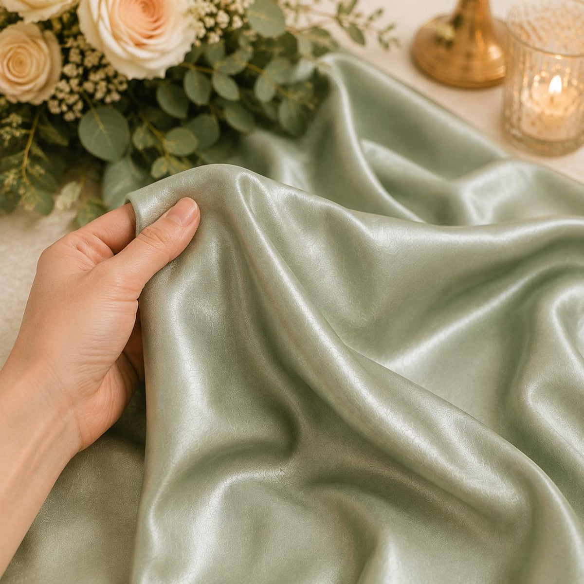 Sage Green Satin Fabric by the Yard for Wedding Decor