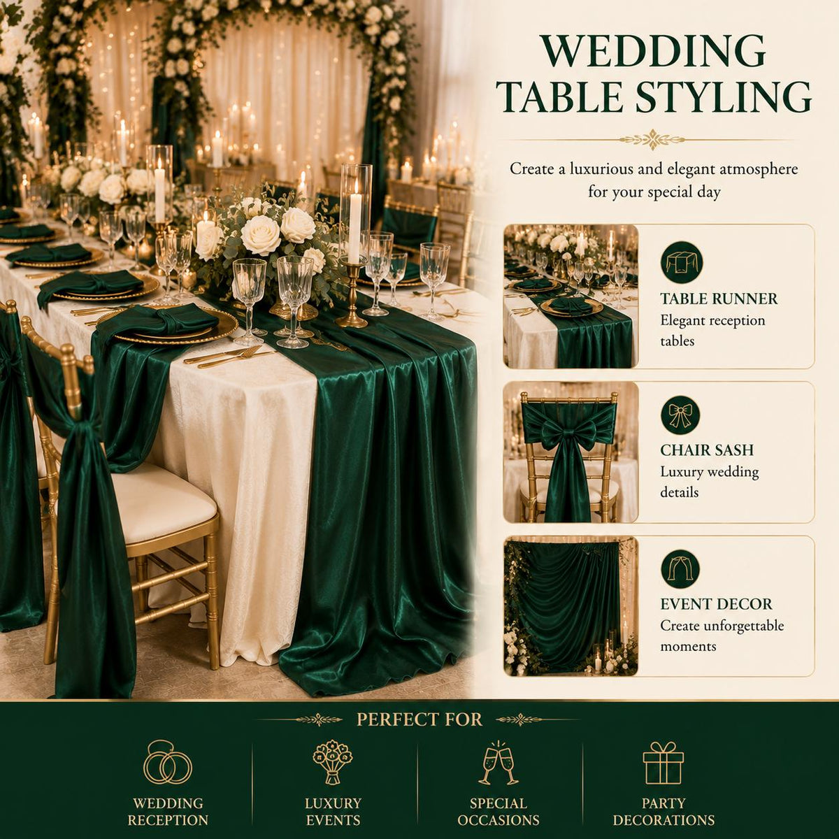 Emerald Green Satin Fabric by the Yard for Event Decor