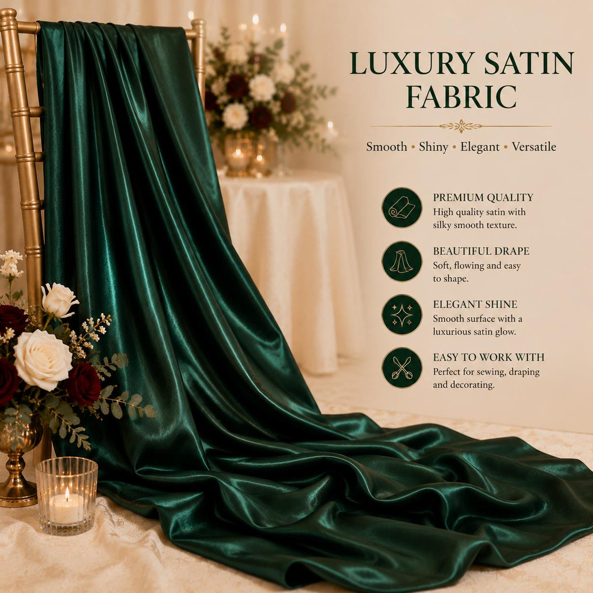 Emerald Green Satin Fabric by the Yard for Event Decor