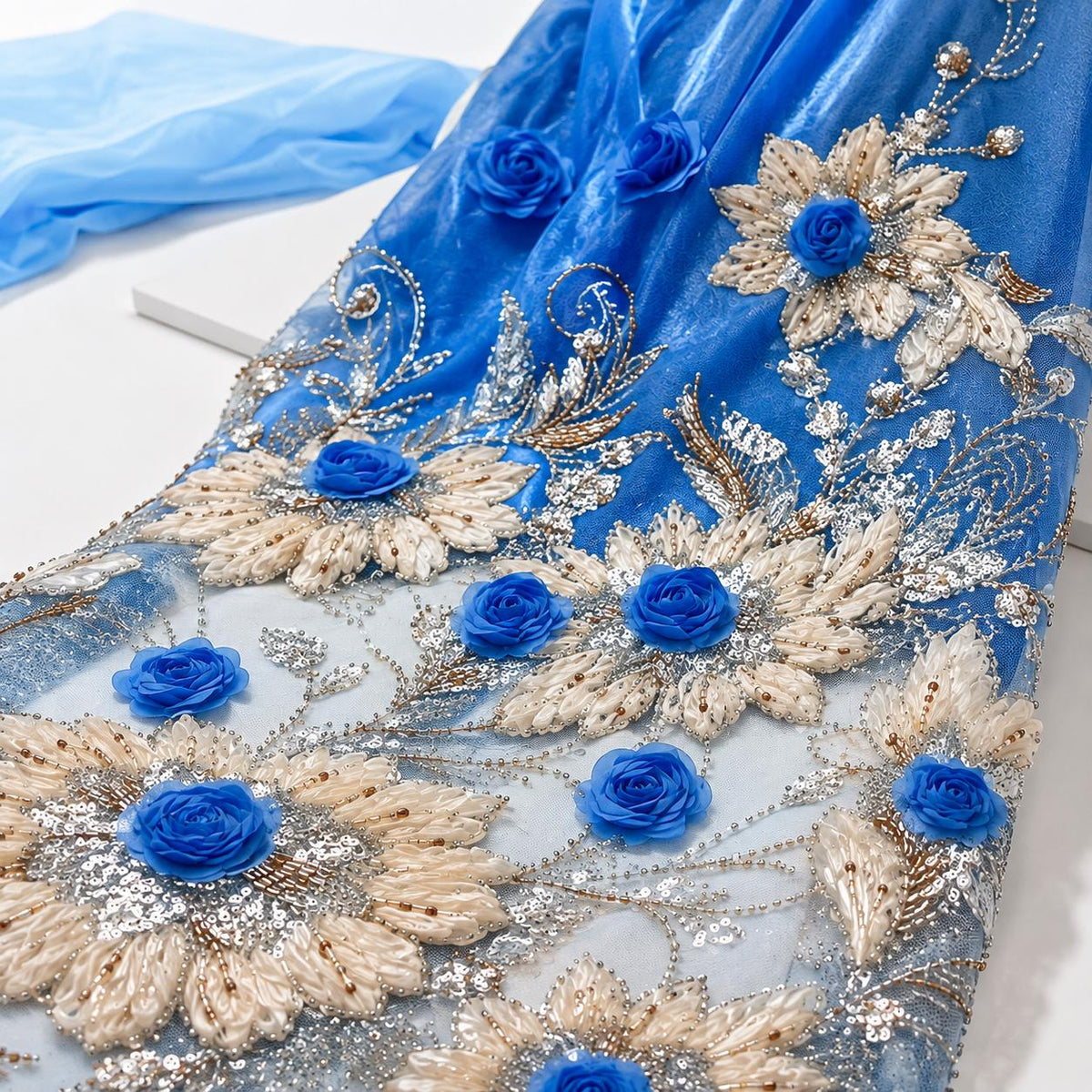 Blue 3D Floral Beaded Lace Fabric by the Yard, Sequin Embroidered Tulle, Wedding Dress Lace, Evening Gown & Bridal Fabric